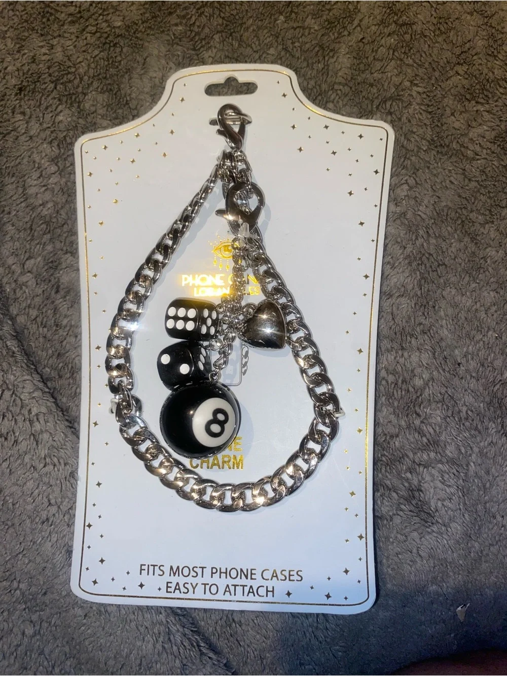 Eye Candy Silver and Black 8-Ball Phone Charm Chain - Fits Most Cases